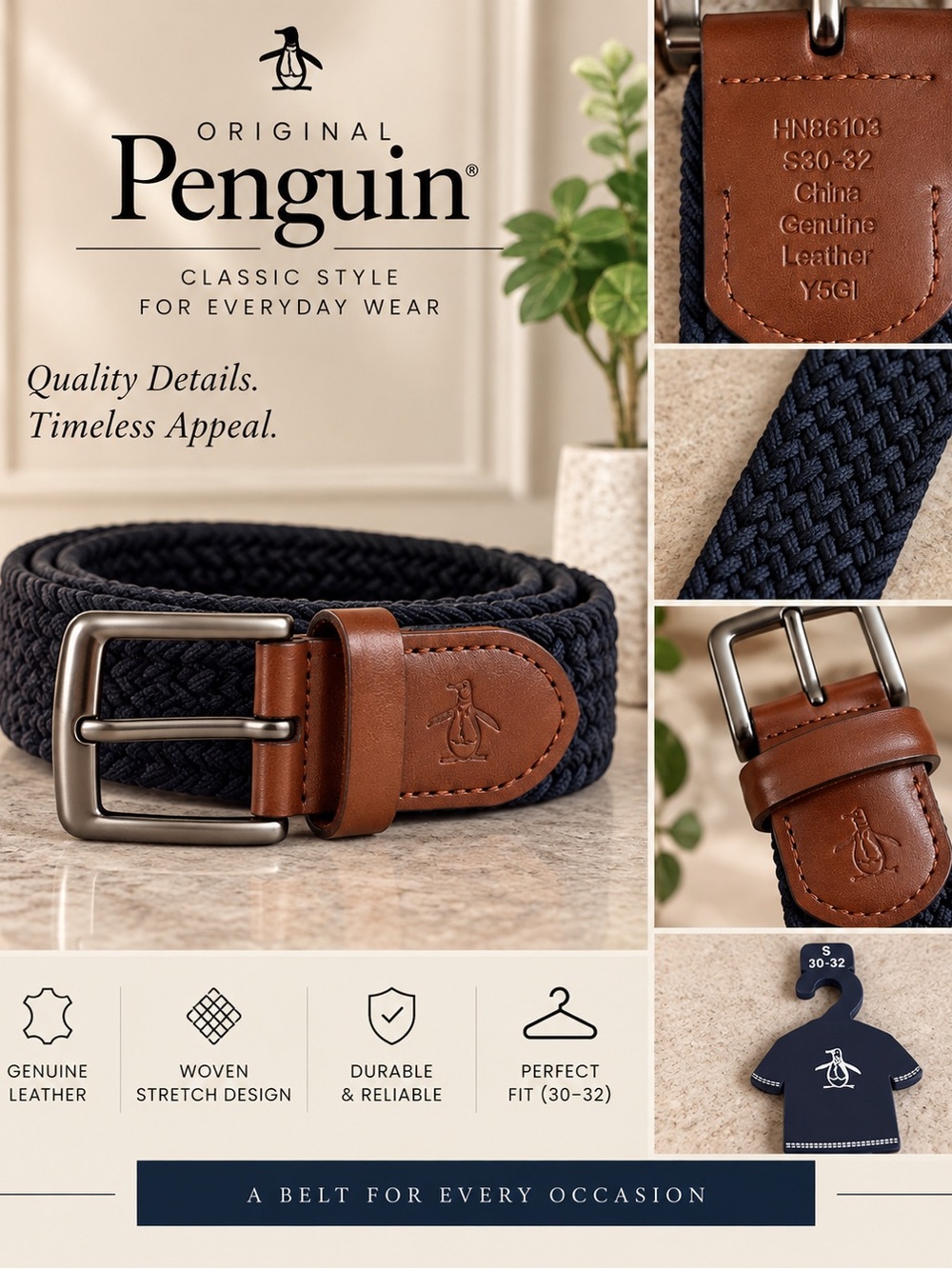 Original Penguin Navy Woven Belt with Brown Leather Accents